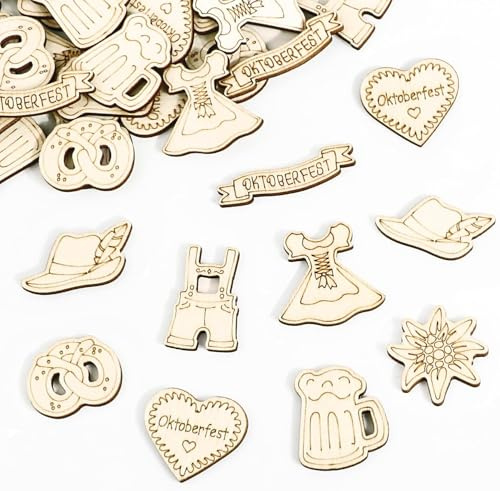 Goldenland Oktoberfest Deko, 104 Stück streudeko oktoberfest Holz für DIY | Bayerische Streudeko für Tisch, Wiesn-Party und Hochzeit, wiederverwendbar, mit Bierkrug, Brezel, Dirndl und Edelweiß