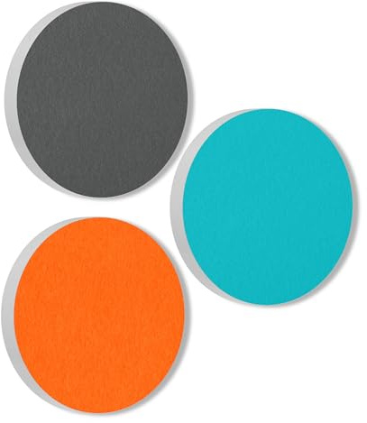 platino24 Akustikpaneele 3 Elemente Colore Kreis Ø 55 cm Granitgrau + Türkis + Orange I Schallabsorber aus Basotect G+ mit Akustikfilz I Schalldämmung Wand & Decke I Akustikelemente Wandpaneel