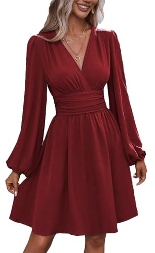 UUAISSO Robe Décontractée Femmes à Manches Longues Taille Haute Ligne A Robe Portefeuille à Col en V Robe Mi Longue Rouge vin XL