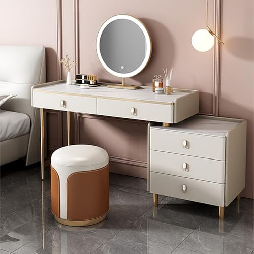 Ernqi Schminktisch Mit Beleuchtetem HD-Spiegel, 3 Beleuchtungsmodi, Schminktisch Mit Links/rechts Installierbaren Schließfach, Schminktisch Mit Stuhl Fürs Schlafzimmer (Beige,C_39.4IN)