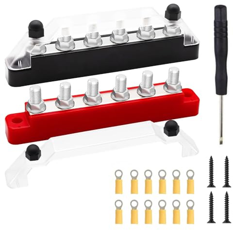 2 Stück 12V-48V DC Sammelschienen-Verteilerblock, Sammelschiene 150A-Verteilerblock und ein Schraubendreher mit 4 x M6-Verbindungsbolzen, geeignet für Autos, Wohnmobile, Boote, rot, schwarz
