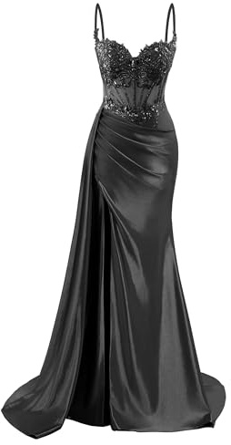 HPPEE Robe de bal en satin à bretelles spaghetti pour femme avec fente en dentelle appliques sirène robe de soirée formelle, Noir , 60 Grande taille