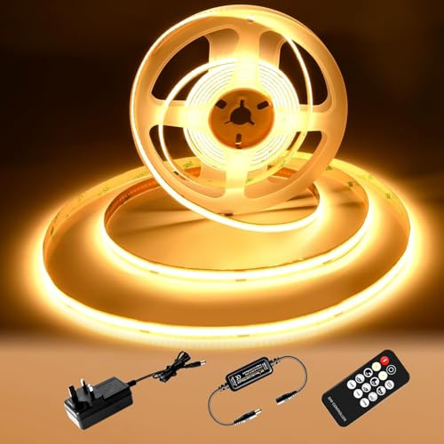 luktix COB LED Strip 5m Warm White, 2700K, 24V, 8mm Width, CRI 92 | Dimmable LED Strip Lights with Remote and Power Supply for Bedroom, Kitchen, TV, Mirror, Home Decoration, Dotless, Cuttable