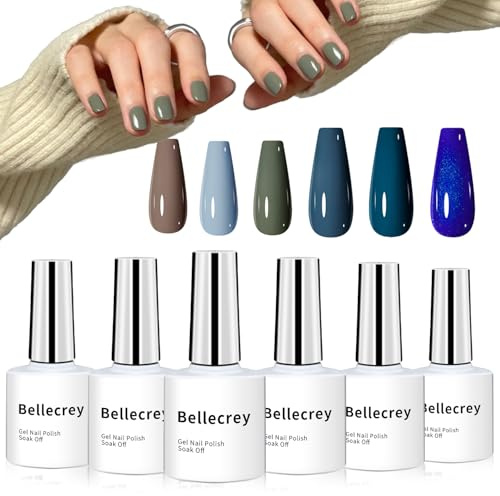 BELLECREY Blue Gel Nail Polish Set,6 Colors Navy Blue Glitter Gel Nail Kit Dark Blue Nail Supplies Green Brown UV Nail Art Kit Soak Off DIY Nail Design Manicure Salon & Home Gifts for Women