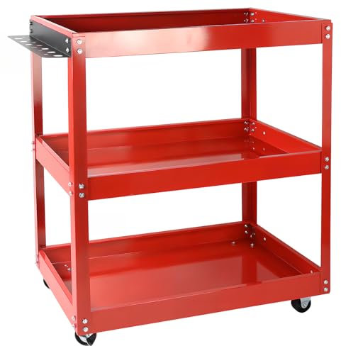 3-Tiers Mobile Tool Cart on Wheels With Handle - Heavy Duty Storage Cart, Workshop Mechanics Service Station With Lockable Wheels - 75 Kg Load Capacity
