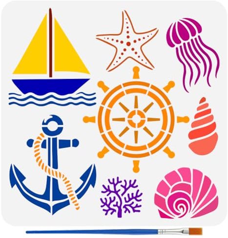FINGERINSPIRE Schablonen Mit Meeresmotiven Und Pinsel 30x30cm Ruder Anker Boote Korallen Muscheln PET Schablonen Quallen Seesterne Dekorationsschablonen Meeresmotiv Vorlage Für Wand Und Boden