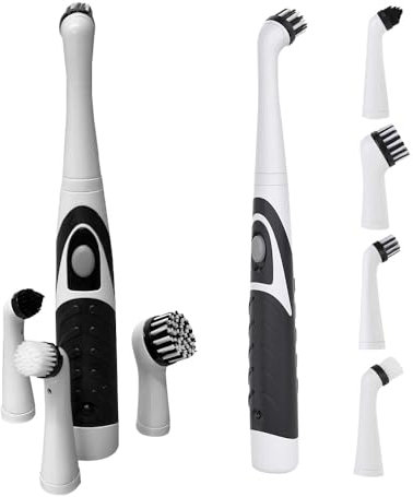 Electric Household Cleaning Brush - Scrubbing Brushes with 4 Replaceable Brush Heads - For Home, Kitchen & Bathroom - Mould Remover & Cleans Grout | Power Cleaner Scrubbers for Toilet, Tile, Floor