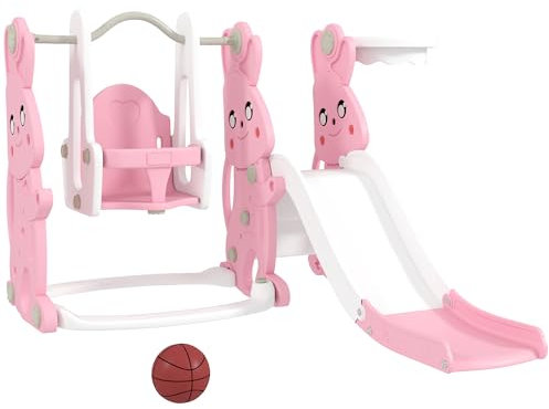 AIYAPLAY Toddler Slide and Swing Set 4 in 1 with Climber, Basketball Hoop, Kids Slide for Age 1.5-4, Children Activity Centre Playground for Indoor Outdoor Garden, Rabbit Themed, Pink