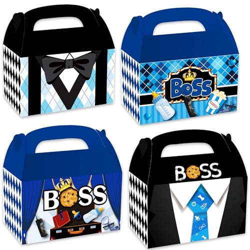 12PCS BOSS Theme Party Gift Goodie Candy Treat Bags Boxes Black Blue Grocery Paper Take Out Bags for Baby Boy Birthday Decorations