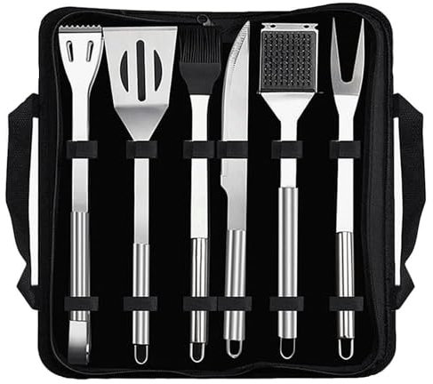 6-teiliges Grillwerkzeug-Geschenkset, Grillzubehör aus Edelstahl mit Tragetasche, robuste Utensilien für Camping, Garten und Picknick