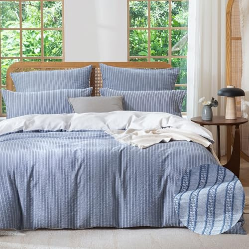 SOULFUL Bettwäsche 155x220 Baumwolle Jacquard Oeko-TEX Denimblau | Gewaschene Baumwolle Boho Bettwäsche-Sets mit Reißverschluss Atmungsaktiv Enthält 1 Bettbezug 155x220 und 1 Kissenbezug 80x80