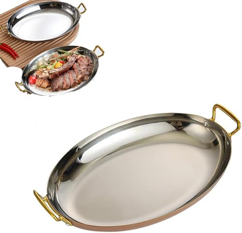 OZPPM Padella per Paella Spagnola Ovale con Doppie Manici, in Acciaio Inossidabile 304, Ideale per Pesce E Ristoranti. Padella di Grandi Dimensioni con Design A Doppie Manici in Oro Rosa.,M