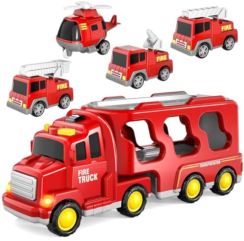 KBIBCK 5 in 1 Feuerwehrauto Spielzeug, Kinder LKW Spielzeug Transporter mit Mini Autos, Autotransporter Spielzeugs mit Sound & Licht,Feuerwehrauto Spielzeugs Set für 3 4 5 6 7 Jahre alt Jungen Mädchen