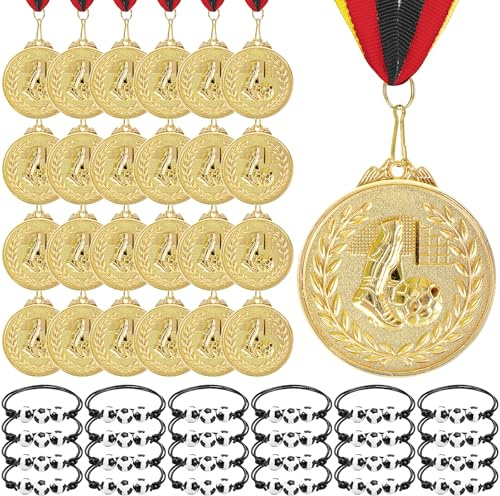 TESIN 24 Stück Fußball Metall Medaillen für Kinder, Kindergeburtstag Sport Medaillen und ArmbändernOlympia, Stil goldene Medaillen für Jungen Mädchen Kinder Erwachsene als Mitgebsel