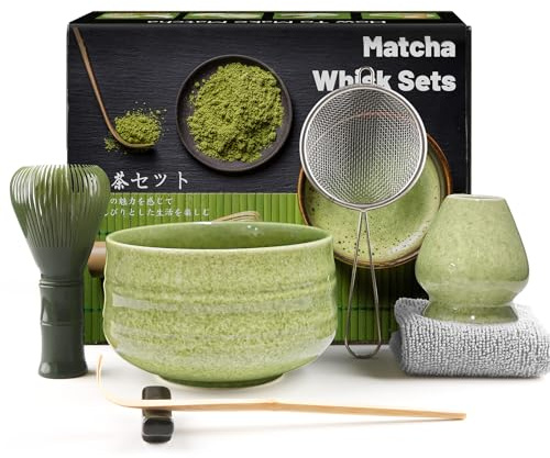 7 Piece Matcha Set, Green Resin Matcha Whisk, Macha Tea Set with Matcha Spoon, Whisk Holder, Matcha Brush, Shovel, Strainer, Matcha Accessories Japanese Tea Ceremony - Ribbed Matcha Green