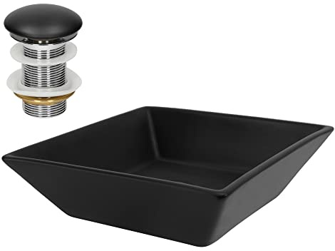LuxeBath Waschbecken Keramik 410x410x120 mm quadratisch Schwarz mit Ablaufgarnitur Schwarz, Aufsatzwaschbecken für Badezimmer/Gäste-WC, Aufsatzbecken Waschtisch Waschschale Waschplatz Handwaschbecken