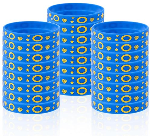 SAVITA 24pcs Blue Silicone Wristbands, Video Game Character Bracelets with Gold Rings and Diamonds Cartoon Theme Party Favors for Birthday Decorations & Events