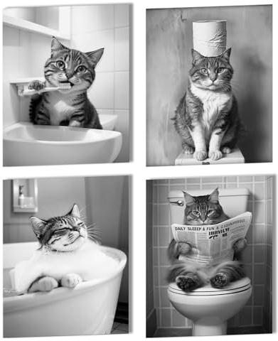 Leseogye 4er Set Katzen Poster Schwarz-Weiß | Rahmenlose Wandbilder 30x21cm für Badezimmer, Wohnzimmer, Flur | Moderne Retro Poster | Geschenk für Katzenliebhaber, Deko-Set