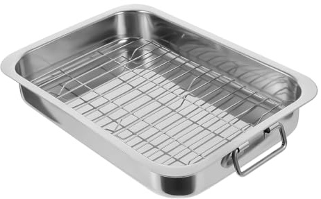 LOLIPPYY Bandeja de Horno Rectangular de Acero Inoxidable con Rejilla Bandeja Multiusos para Hornear y Asar Resistente y Fácil de Limpiar para Repostería y Barbacoas