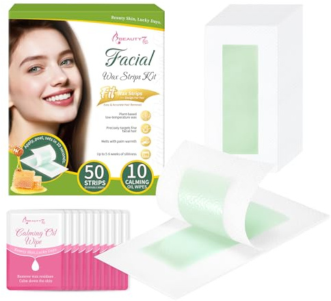 Beauty7 Facial Wax Strips-Eyebrow Wax Strips-50 Waxing Strips for Face, Lip,10 Calming Oil Wipes, Ready Use At Home Waxing Kit for All Skin Types