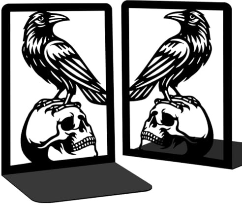 BEUNITONE Raven and Skull Decor Gothic Metal Bookends for Shelves, Office Desk Organizer Book Ends for Heavy Books, Home Office Desk Bookshelf Decor Gift for Gothic Lovers and Reading Enthusiasts