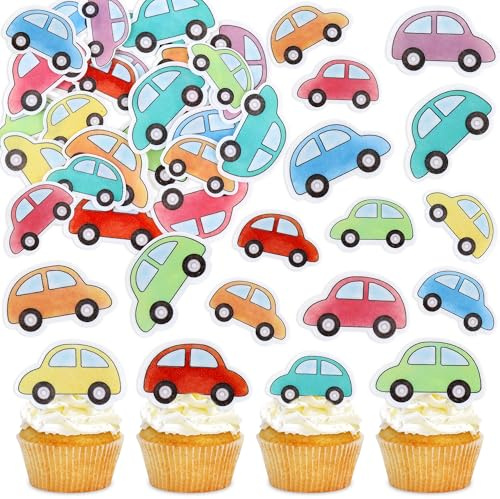 Blumomon 64Pcs Edible Colored Cartoon Car Cupcake Toppers Small Motorcar Cupcake Decorations Child Birthday Cake Decoration Picks for Cartoon Car Theme Baby Shower Boys Birthday Party Cake Supplies