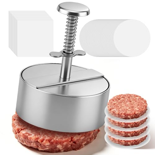 Slvoaujtk 304 Acero Inoxidable Prensa Hamburguesas Hacer Hamburguesas de 11Cm de Diámetro Incluye 150 Láminas Papel Horno Molde para Hacer Hamburguesas Adecuado para Barbacoas y Ocasiones Similares