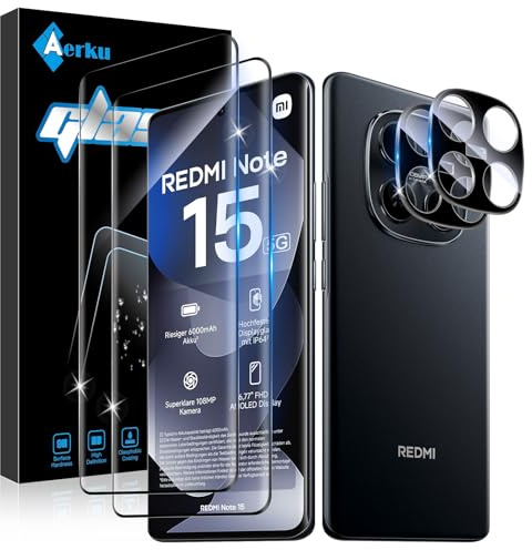 Aerku 3D Pellicola Vetro Temperato per Xiaomi Redmi Note 15 5G/ Poco M8 5G, HD Trasparente Pellicola Fotocamera, [2+2 Pezzi] Anti Graffio 9H Durezza Protezione Schermo Pellicola Protettiva