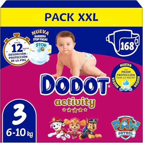 Dodot Pañales Bebé Activity, Talla 3 (6-10 kg), 168 Pañales, Hasta 12h de Protección Antifugas y Ajuste, Pack Mensual