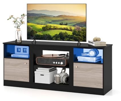 COSTWAY Mobile TV con Luci LED per Schermo fino a 65, Tavolino TV con Ripiano Regolabile e Scomparto Aperto per Camino Elettrico, Consolle Media Lungo 147 cm con Telecomando per Soggiorno