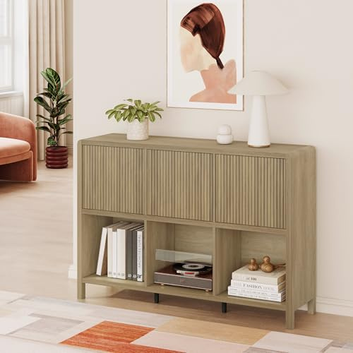 [en.casa] Credenza Bassa Mobile Contenitore con 3 Ante Decorative Push to Open e Scomparti Aperti Sideboard per Soggiorno Corridoio Studio 77x110x30 cm Effetto Rovere Rustico