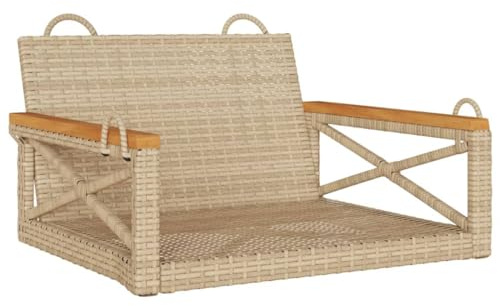 Qnhdfrt Hängesessel aus PE-Rattan, Schaukelbank für Balkon und Garten, Gartenmöbel Sitzgelegenheit, Beige, Stahlrahmen mit Akazienholz, 63 x 62 x 40 cm