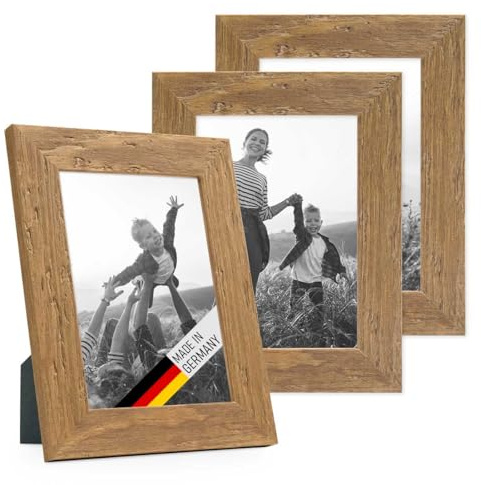 Bilderrahmen 10x15 cm Holz Eiche-Optik, 3er Set Echtholz-Rahmen rustikal, Strandhaus, Made in Germany, Echtglas, zum Aufhängen & Aufstellen, extra Zubehör - Treibholzlook mit einem Hauch Küstenflair