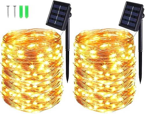 BOLWEO Solar-Lichterkette, 20 m, 200 LEDs, Solar-Lichterkette, für den Außenbereich, 8 Modi, wasserdicht, Kupferdraht für Dekoration Zimmer, Garten, Terrasse, Abend, Party, Weihnachten (Warmweiß, 2