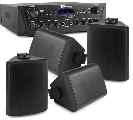 Power Dynamics PDC85 Beschallungsanlage - HiFi Boxen, Verstärker & Kabel - 4 Professionelle Lautsprecher Bluetooth Soundsystem, In- & Outdoor, Wetterfest,Wandmontage, USB/SD, wasserdicht - Schwarz