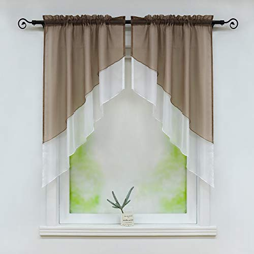 Joyswahl Scheibengardine Voile Bistrogardinen Panneaux 80x80cm Braun | 2 Stück, Beyza Zweifarbig, 2-lagig Kurzstore mit Tunnelzug, Küchengardinen Transparent, Fenstergardinen Quaste landhaus