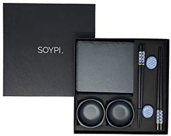 Soypi Sushi Set für 2 Personen - schwarzes, 10 teiliges Sushi Geschirr Set aus Essstäbchen, Schieferplatten, Ablagen, Schüsseln, geliefert in hochwertiger Geschenkbox als perfektes Paar Geschenk