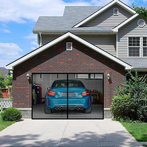 FBve Magnetic Garage Door Screen with 4 Strapping Tapes for 1 Car Garage 9x7ft, Reinforced Fiberglass Mesh Door Screen with Closure Weighted Bottom, Durable Magnetic Screen Door Curtain Cover Kit