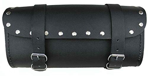 Universal Motorrad Werkzeugtasche, Motorrad Satteltasche Echt Leder wasserdicht Rolle, Biker Chopper Toolbag Lenkerrolle, Custom Biker Gepäck Taschen mit Chrom Nitten Schwarz