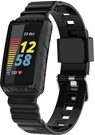 FONREST Compatible with Fitbit Charge 5/4/3 TPU Case and Band, Ultralight Washable Shockproof Sleek Armour Protective Cover with Watch Strap for Charge 3SE/4SE (Black)