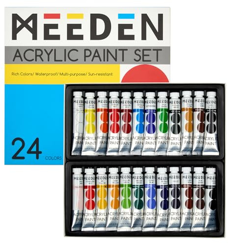 MEEDEN Akrylfärgset: 24 färger, 12 ml, tung body, startset – giftfria rika pigment, konstfärg för barn, vuxna, hobbists, målning på duk, trä, tyg, hantverk