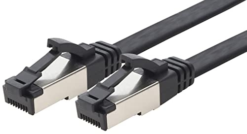 1aTTack.de 10m Cat 8 Patchkabel flach schwarz 40 Gigabit Netzwerkkabel Ethernet LAN Kabel 40 Gbits 2000 Mhz Patchkabel Cat8 Kabel LSZH TPE PIMF Rj45 Stecker 1 Stück - 10m
