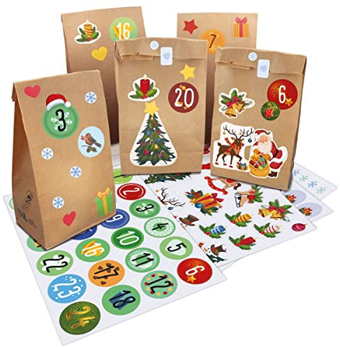 DIY Adventskalender zum selbst befüllen - 25 Tüten aus Kraftpapier - 24 Zahlen & 120 Sticker Aufkleber - Adventkalender zum selber basteln & befüllen für Kinder & Erwachsene