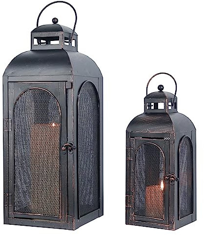 DECORKEY Luxury Lantern Decorative Outdoor & Indoor, Set of 2 (19’’&13’’) Metal Candle Lanterns Decor, Vintage Hanging Candle Holder for Front Porch Patio Wedding Farmhouse Home, Christmas Decorations