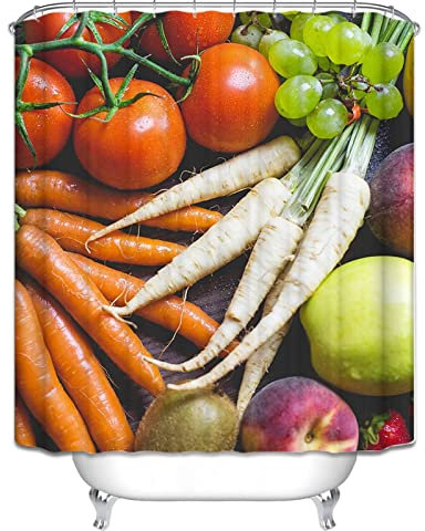 EHOMERY Duschvorhangu Duschrollo Badewanne Ohne Bohren Karotte Weißer Rettich Tomate Duschvorhang Extra Breit Duschrollo Deluxe Polyester Rostfreie Ösen Und 12 Hakenringe, 180X180Cm