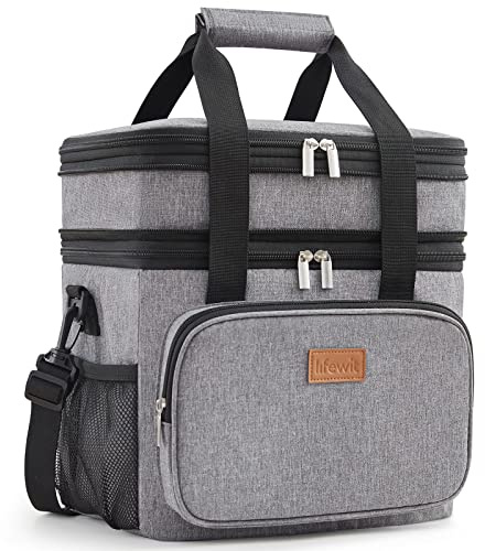 Lifewit Bolsa Térmica de Almuerzo Unisex, Bolsa Isotérmica Doble Compartimento, Bolsa Térmica Porta Alimentos Grande, Fiambrera Antifugas con Correa, 21L, Gris