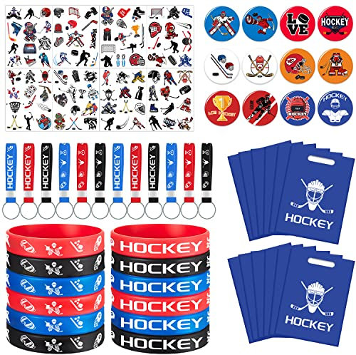 Eishockey-Partyzubehör, Hockey-Partyzubehör, Taschenfüller, Eishockey-Armbänder, Schlüsselringe, temporäre Tattoos, Knopf-Abzeichen-Nadeln und Geschenktüten, Eishockey-Geburtstagsparty-Zubehör