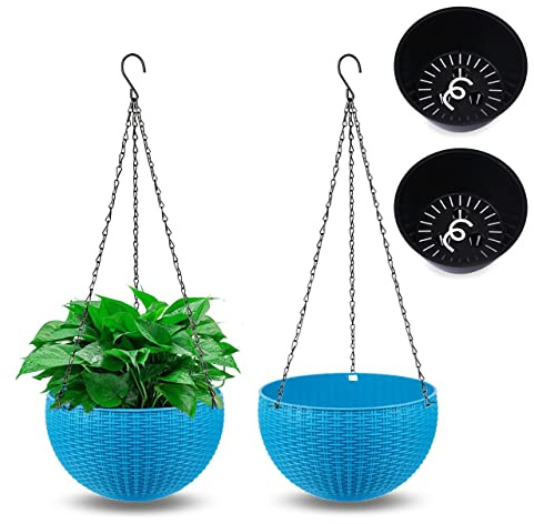 Moollyfox 2 Stück Blumenampel Außen, Ø 26cm Selbstbewässerung Blumentopf Hängend, Hängeampel Outdoor Kunststoff, Hängeblumentöpfe mit Rostfrei Ketten, Hängeampeln für Draußen Innen Decken Pflanzen