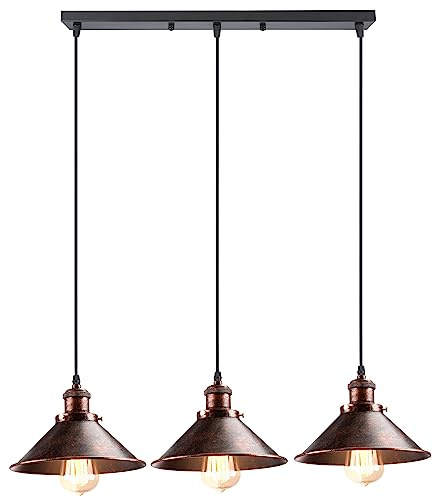 iDEGU 3-flammige Pendelleuchte Industrielle Hängelampe Stil Edison Vintage Pendellampe mit 22cm Metall Lampenschirm E27 Fassung Rost Hängeleuchte für Esszimmer Küche Wohnzimmer (Balken)