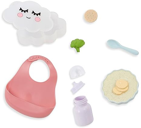 LullaBaby LBY7624Z matningsset för 36 cm 10-TLG. Docksele mat – haklapp, sked och flaska – babydocktillbehör – leksak för barn från 2 år – dockor porslinsset, multi